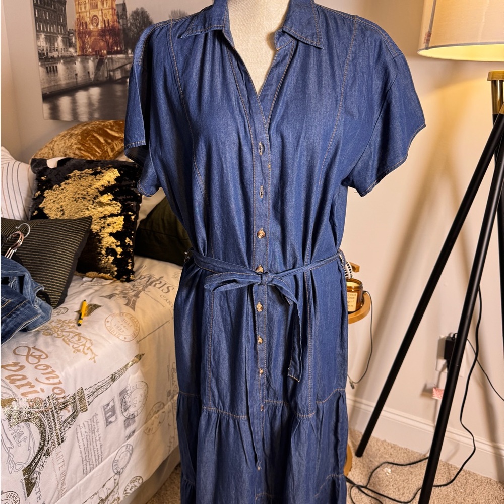 Blue Midi Sundress with Notched Collar and Flutter Sleeves